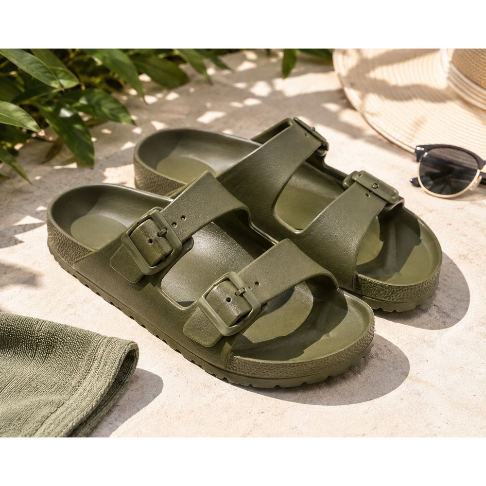 Mens Green Molded Double Strap Buckle Slide Sandals Made in USA Size 11